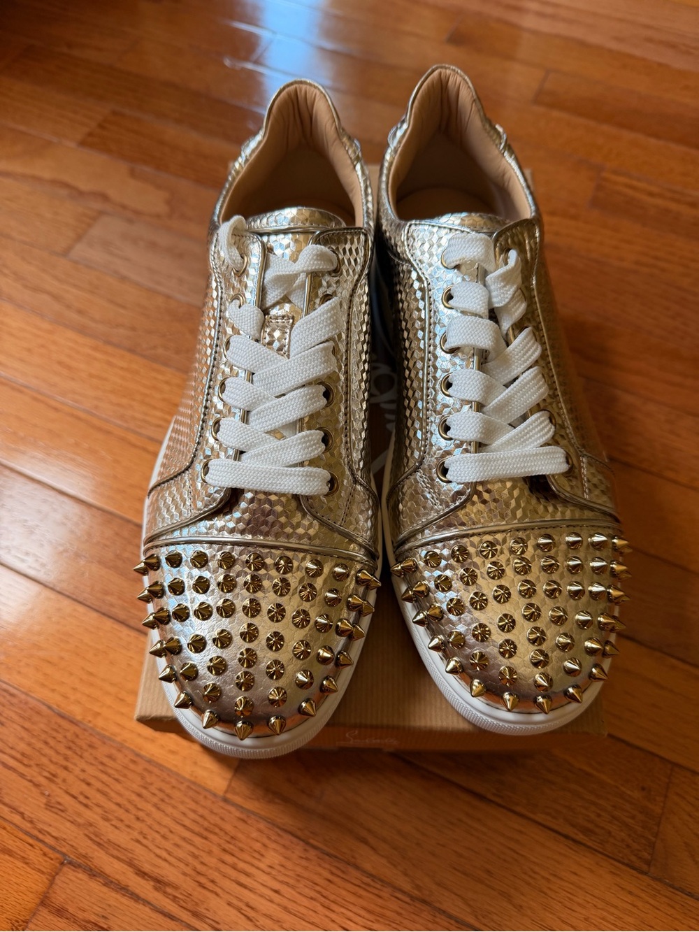 Brand new  Christian Louboutin Gold Spike-Embellished Low-Top Sneakers